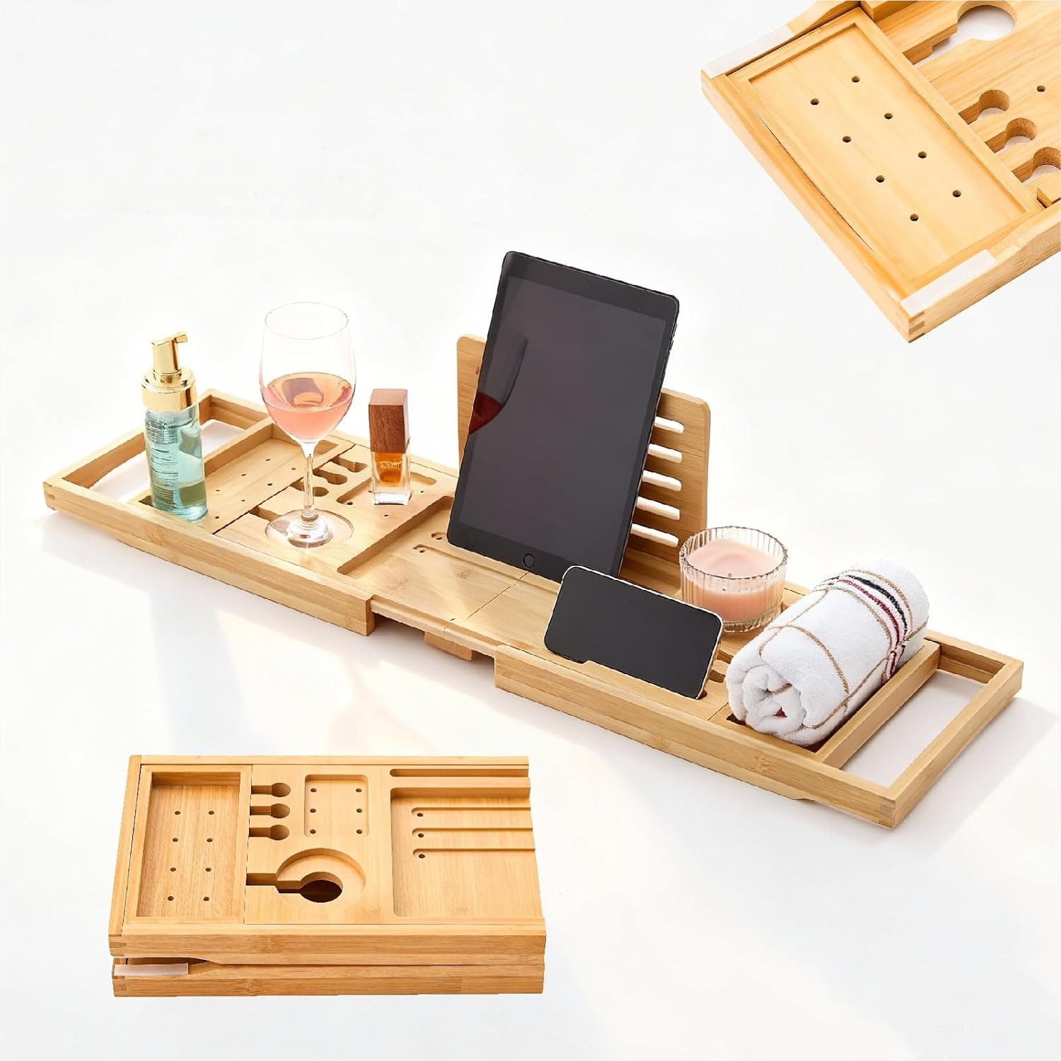 Bath Caddy Tray - Foldable Bamboo Bathtub Tray Caddy, Expandable