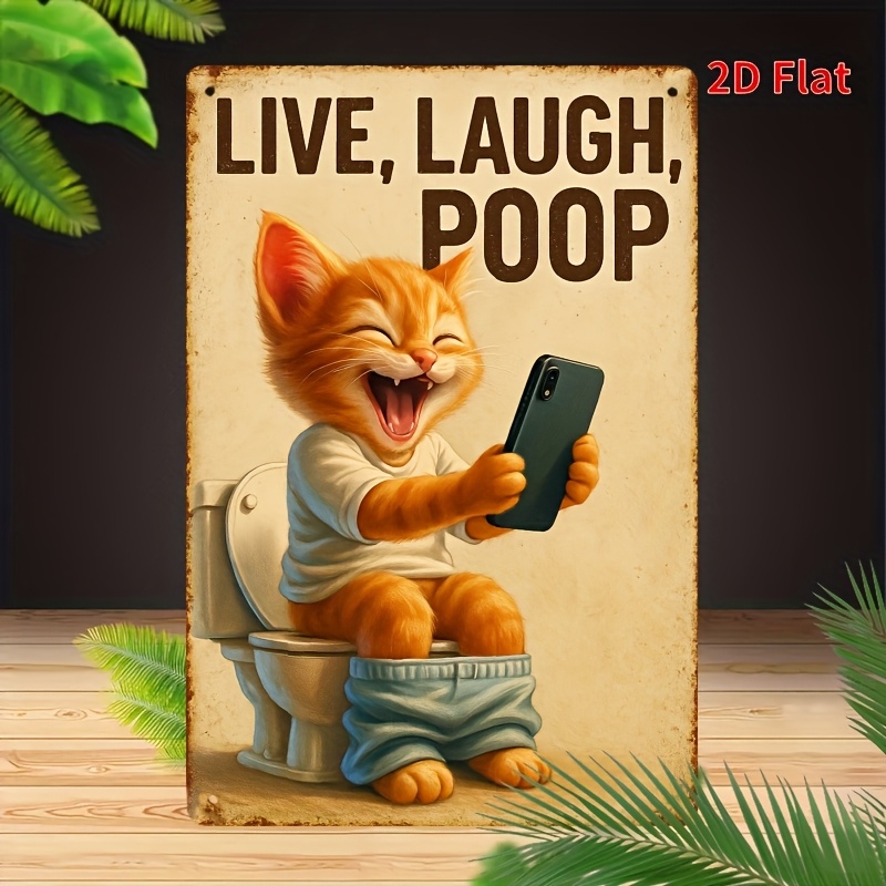 Funny Cat on Toilet Metal Wall – Home Bathroom Wall Art recenzja i cena